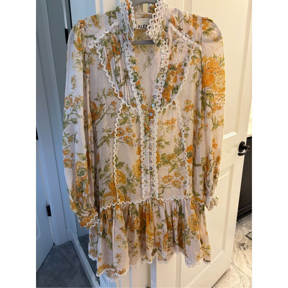 Alemais White Floral Mini Dress with Yellow & Green Print